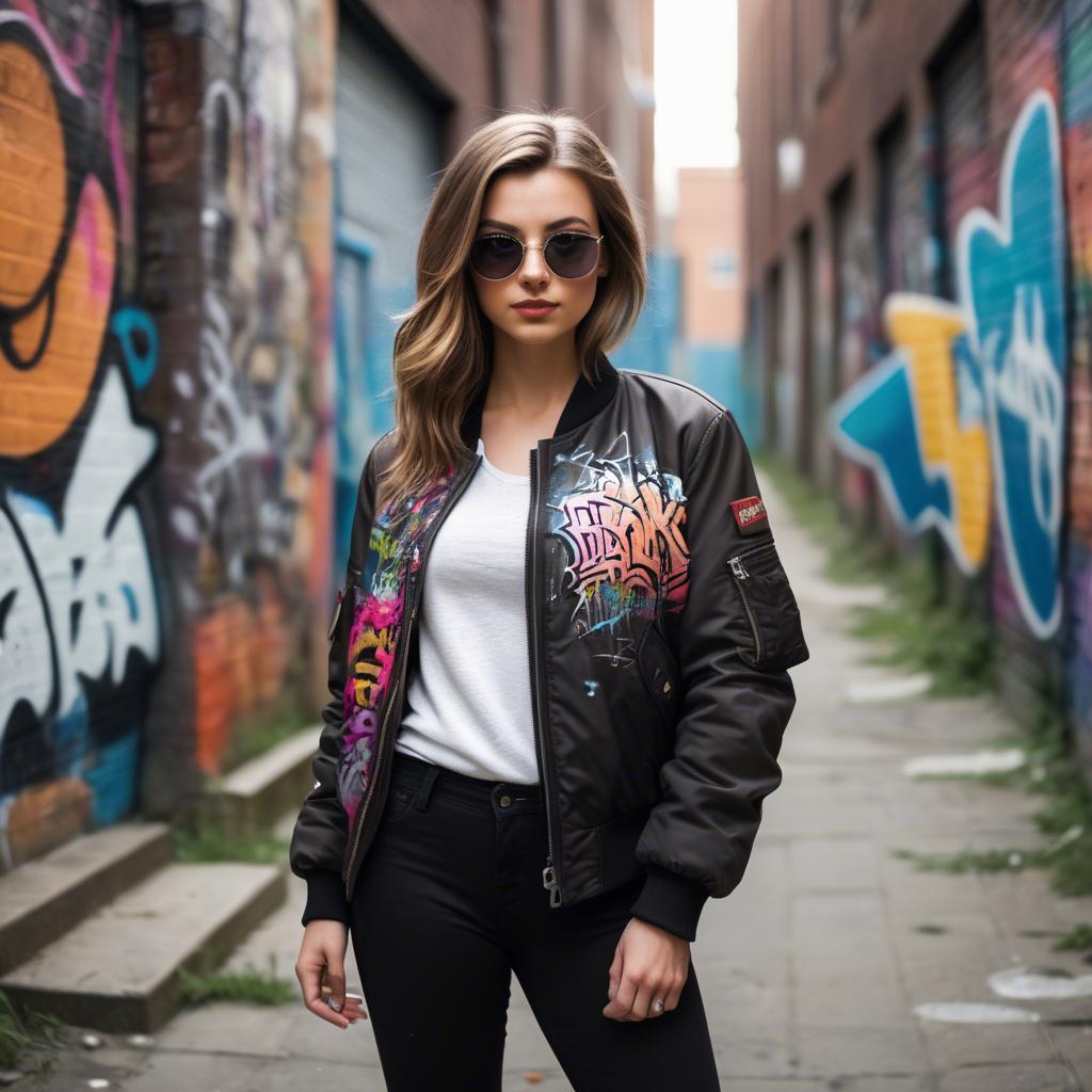 A stunning image of stylish girl with a bomber jacket in a graffiti alley.