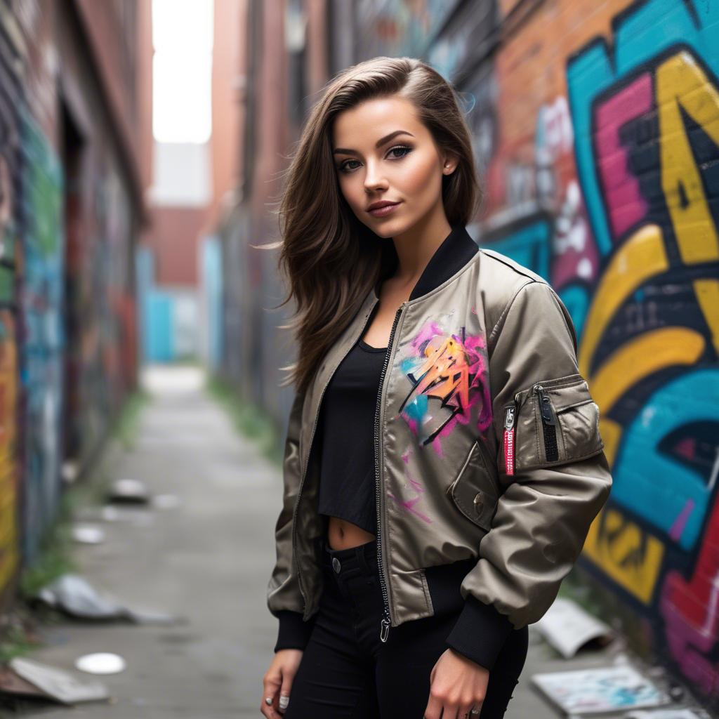 A stunning image of stylish girl with a bomber jacket in a graffiti alley.