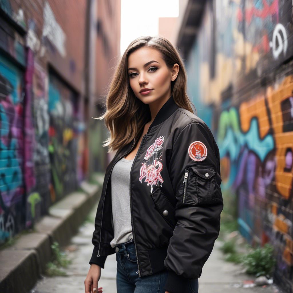 A stunning image of stylish girl with a bomber jacket in a graffiti alley.