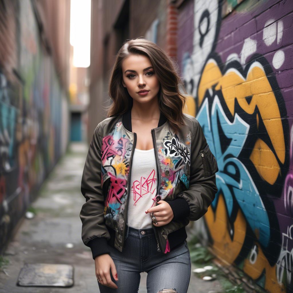 A stunning image of stylish girl with a bomber jacket in a graffiti alley.