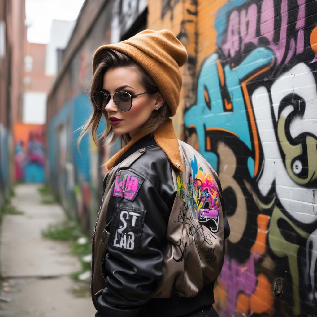 A stunning image of stylish girl with a bomber jacket in a graffiti alley.