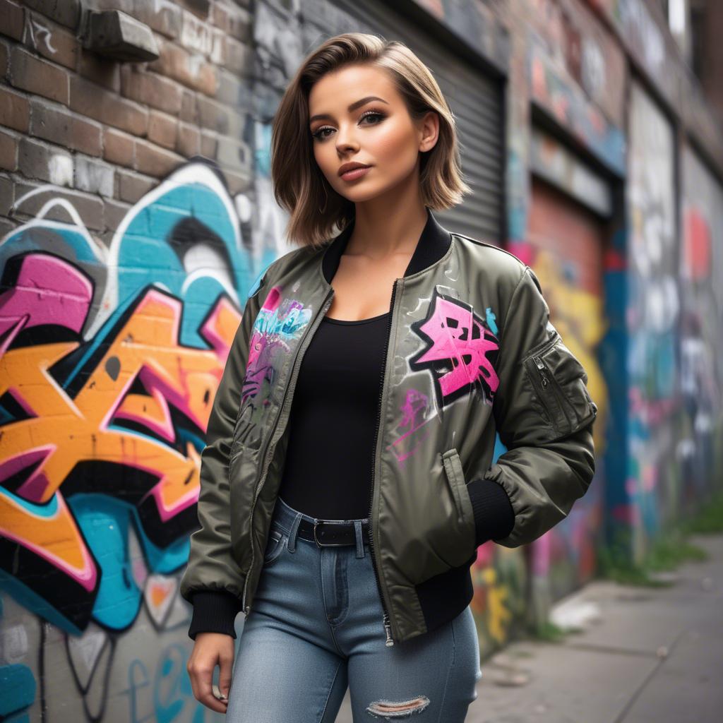 A stunning image of stylish girl with a bomber jacket in a graffiti alley.
