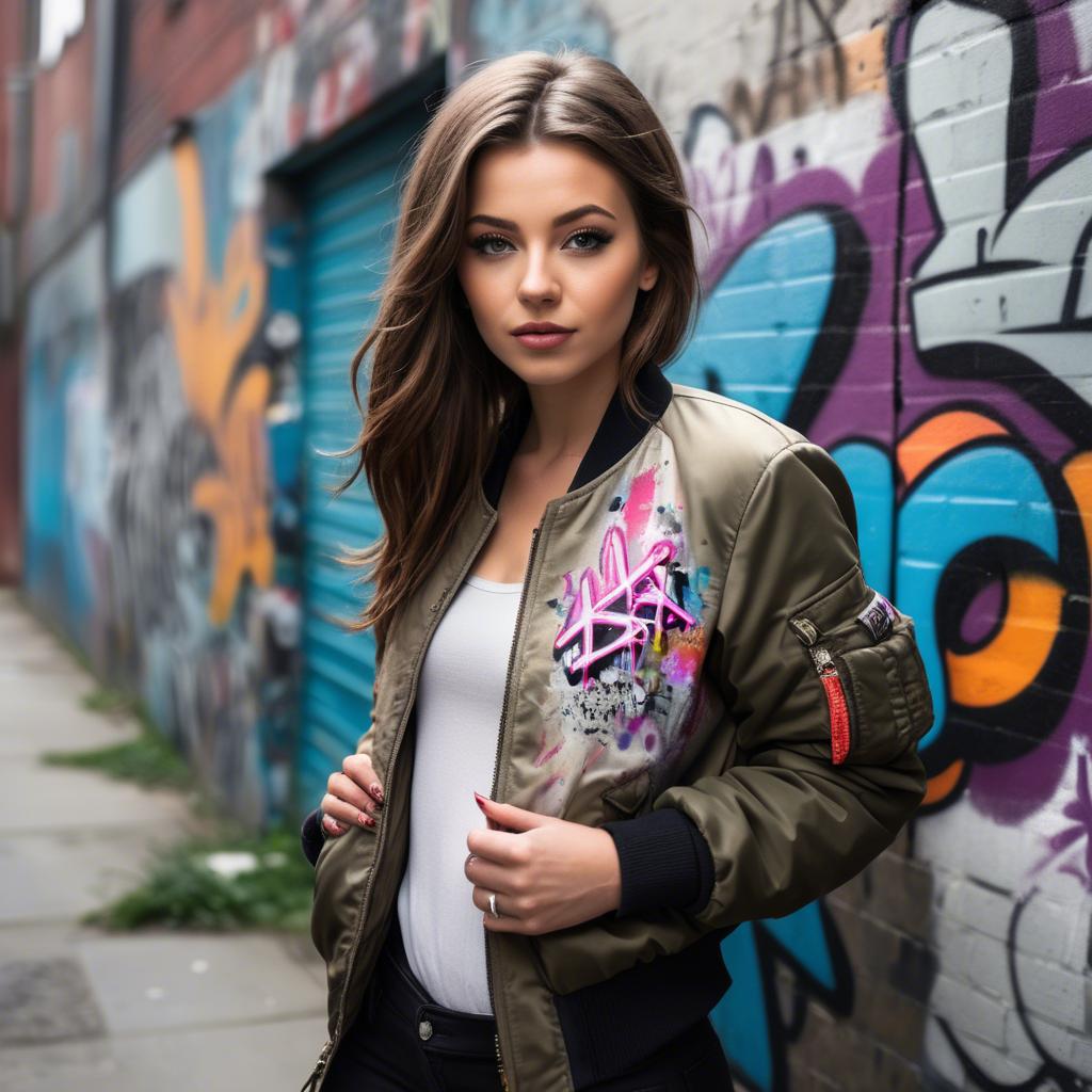 A stunning image of stylish girl with a bomber jacket in a graffiti alley.