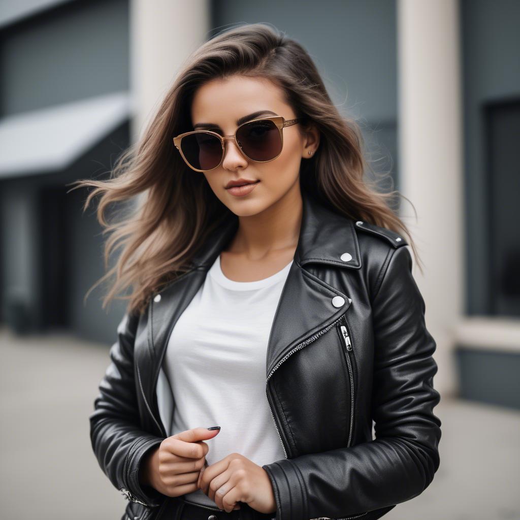 A stunning image of stylish girl with bold sunglasses and a leather jacket.