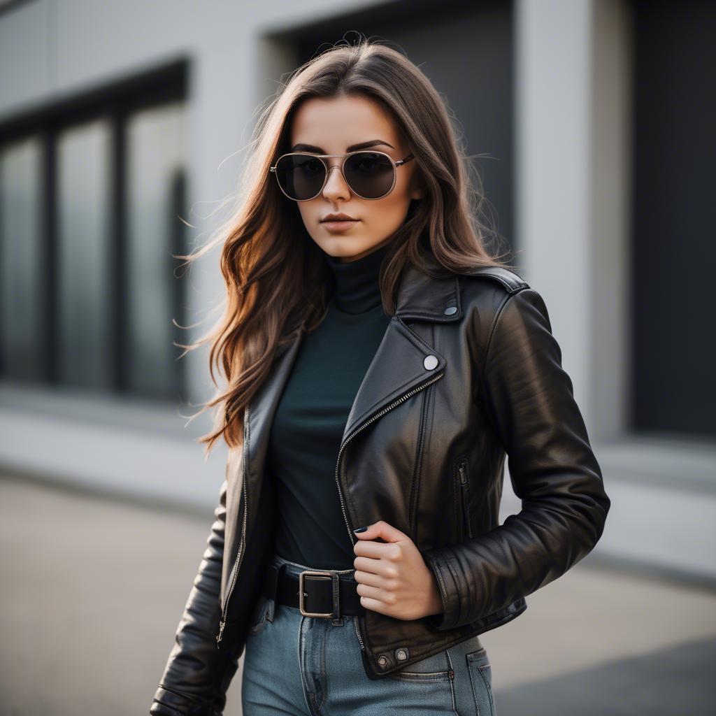 A stunning image of stylish girl with bold sunglasses and a leather jacket.