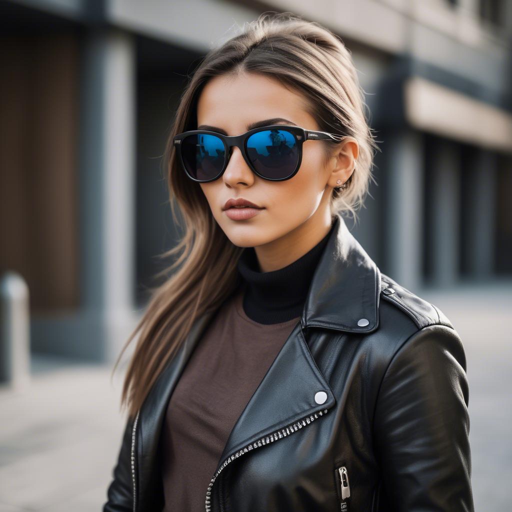 A stunning image of stylish girl with bold sunglasses and a leather jacket.