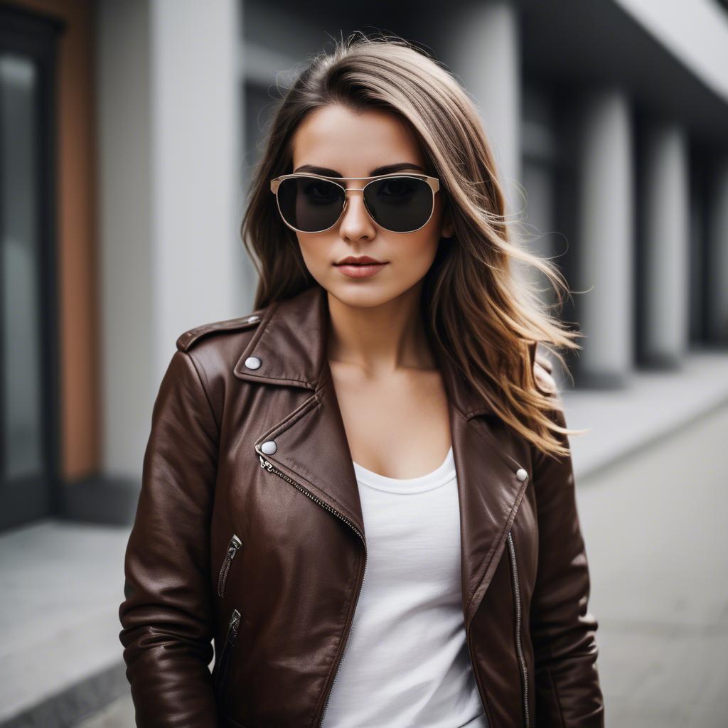 A stunning image of stylish girl with bold sunglasses and a leather jacket.