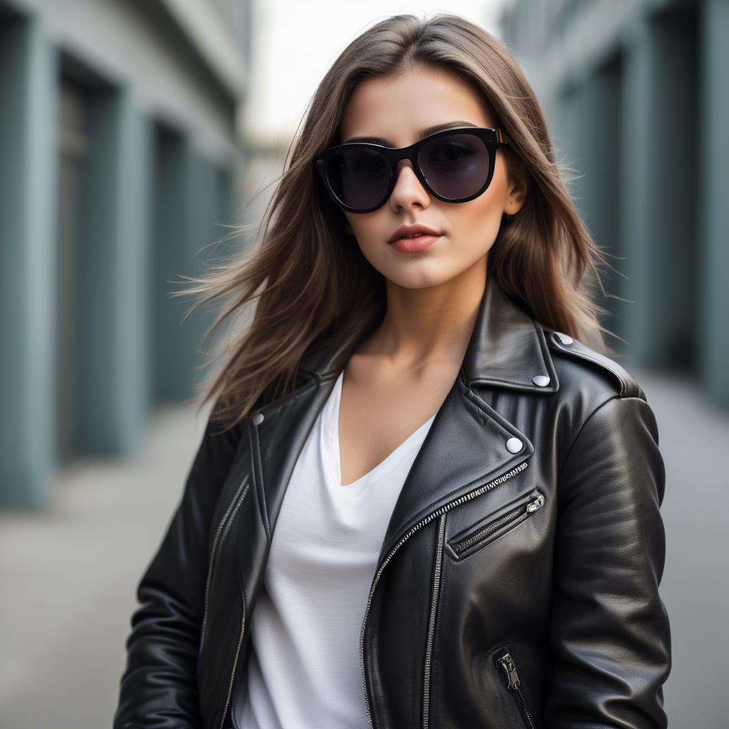 A stunning image of stylish girl with bold sunglasses and a leather jacket.