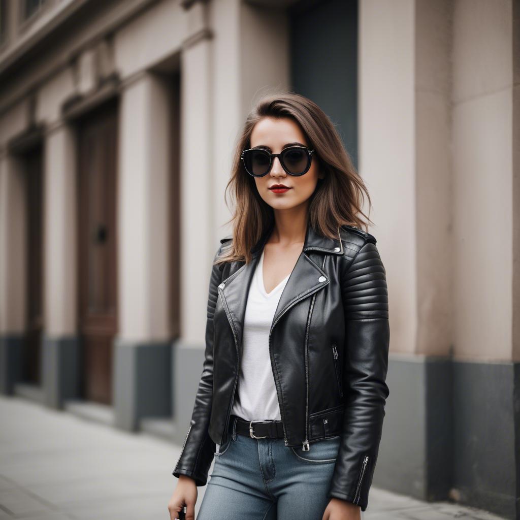 A stunning image of stylish girl with bold sunglasses and a leather jacket.