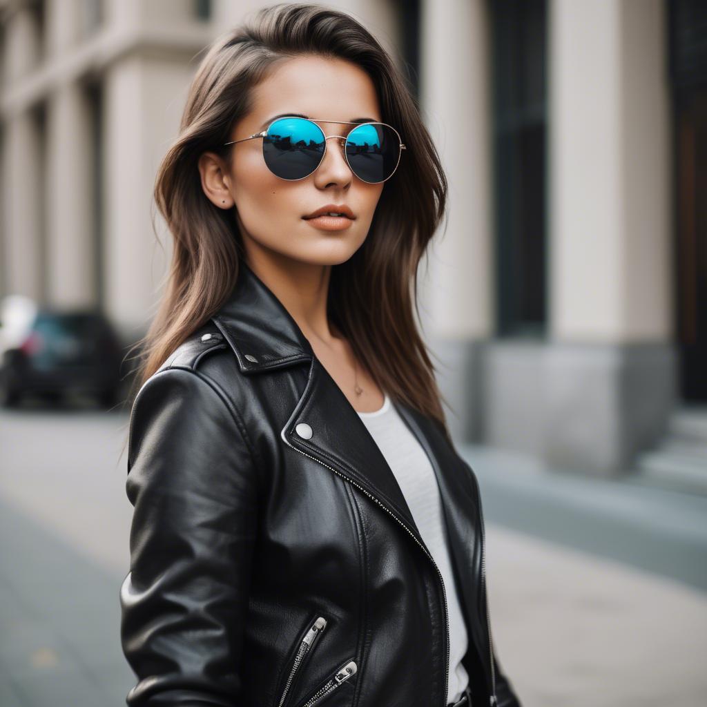 A stunning image of stylish girl with bold sunglasses and a leather jacket.