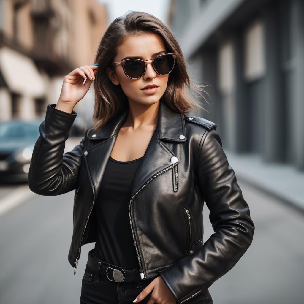 A stunning image of stylish girl with bold sunglasses and a leather jacket.