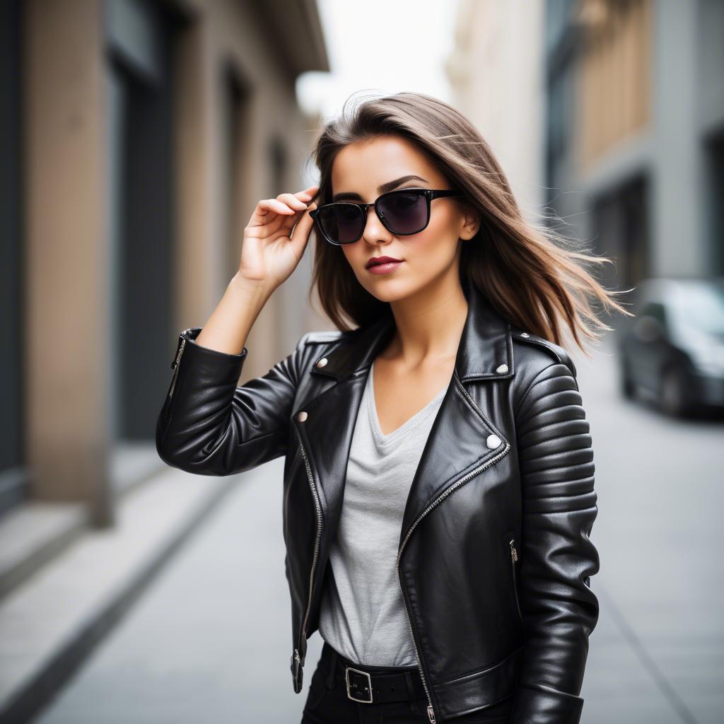 A stunning image of stylish girl with bold sunglasses and a leather jacket.
