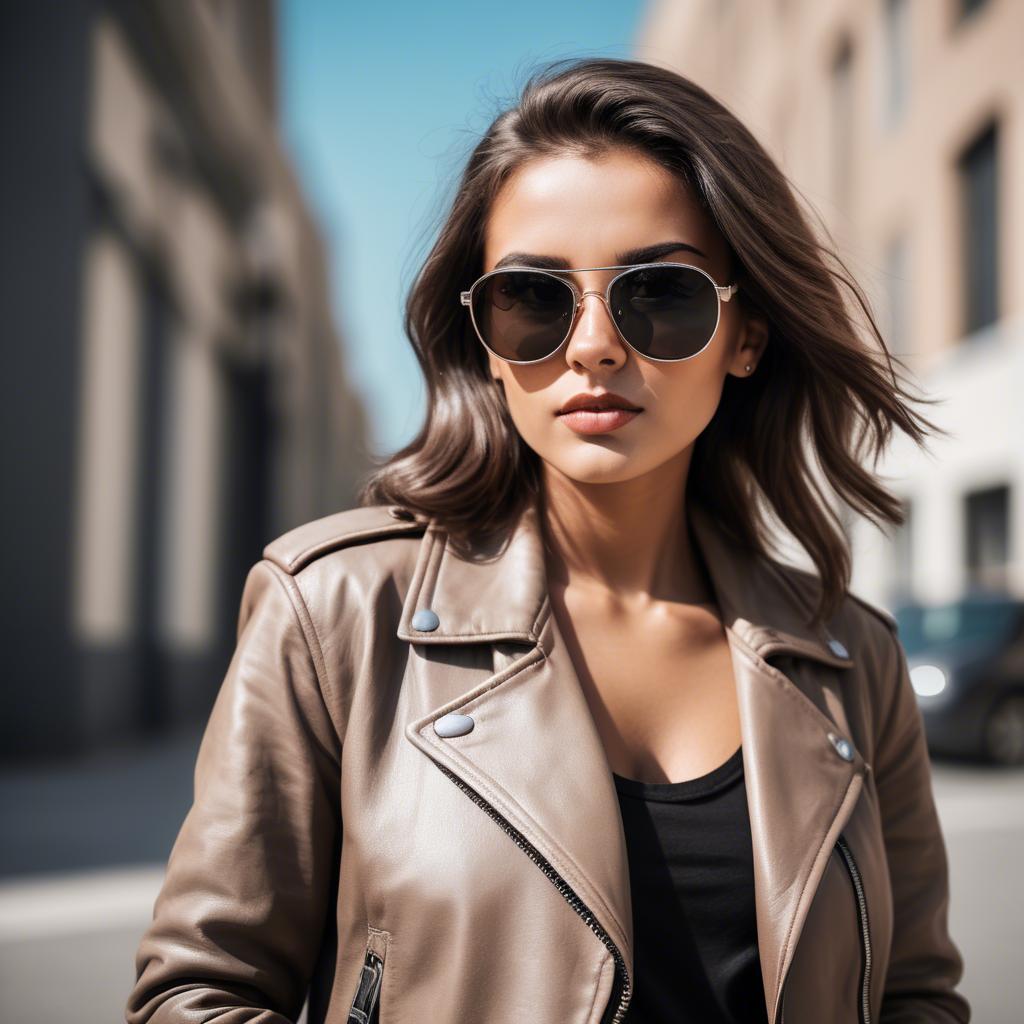 A stunning image of stylish girl with bold sunglasses and a leather jacket.