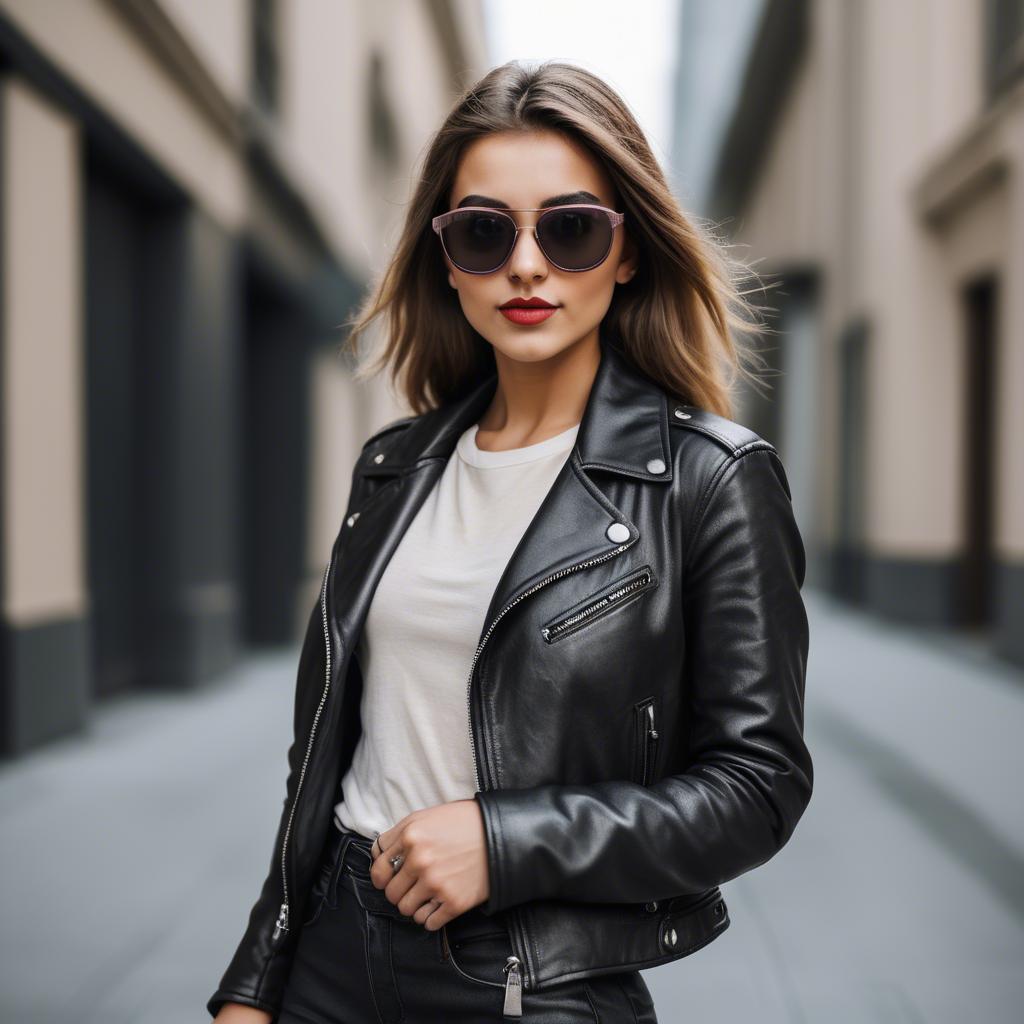 A stunning image of stylish girl with bold sunglasses and a leather jacket.