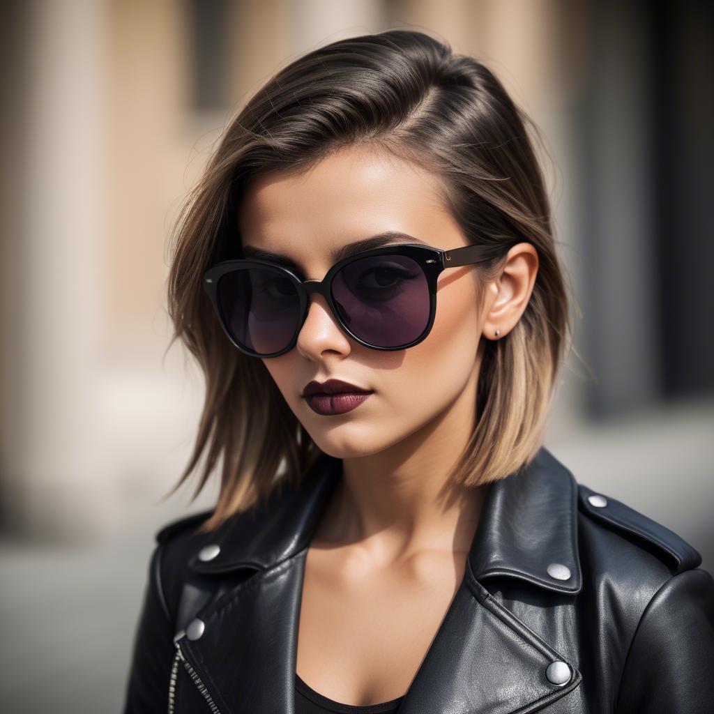 A stunning image of stylish girl with bold sunglasses and a leather jacket.