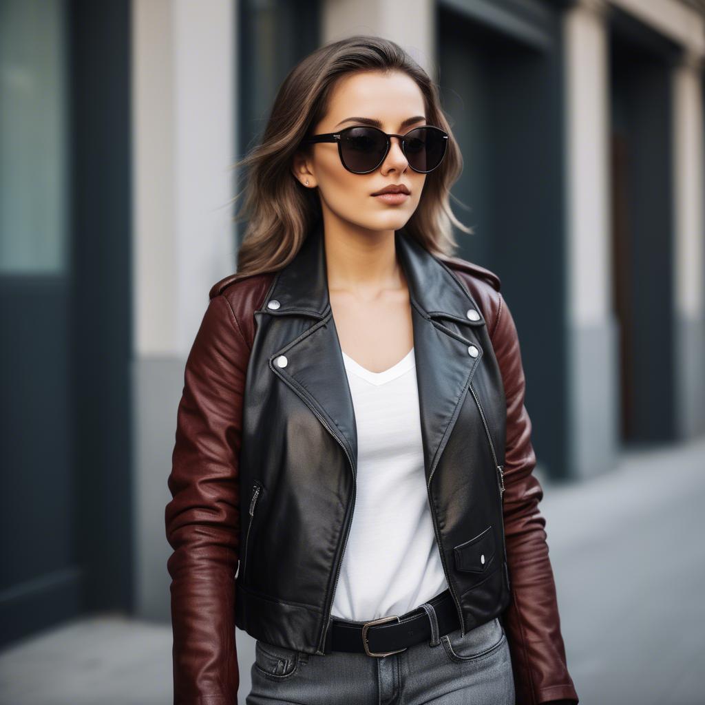 A stunning image of stylish girl with bold sunglasses and a leather jacket.