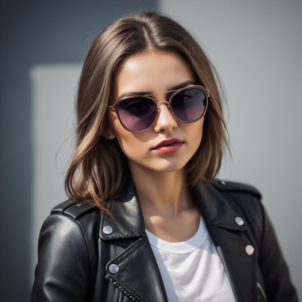 A stunning image of stylish girl with bold sunglasses and a leather jacket.