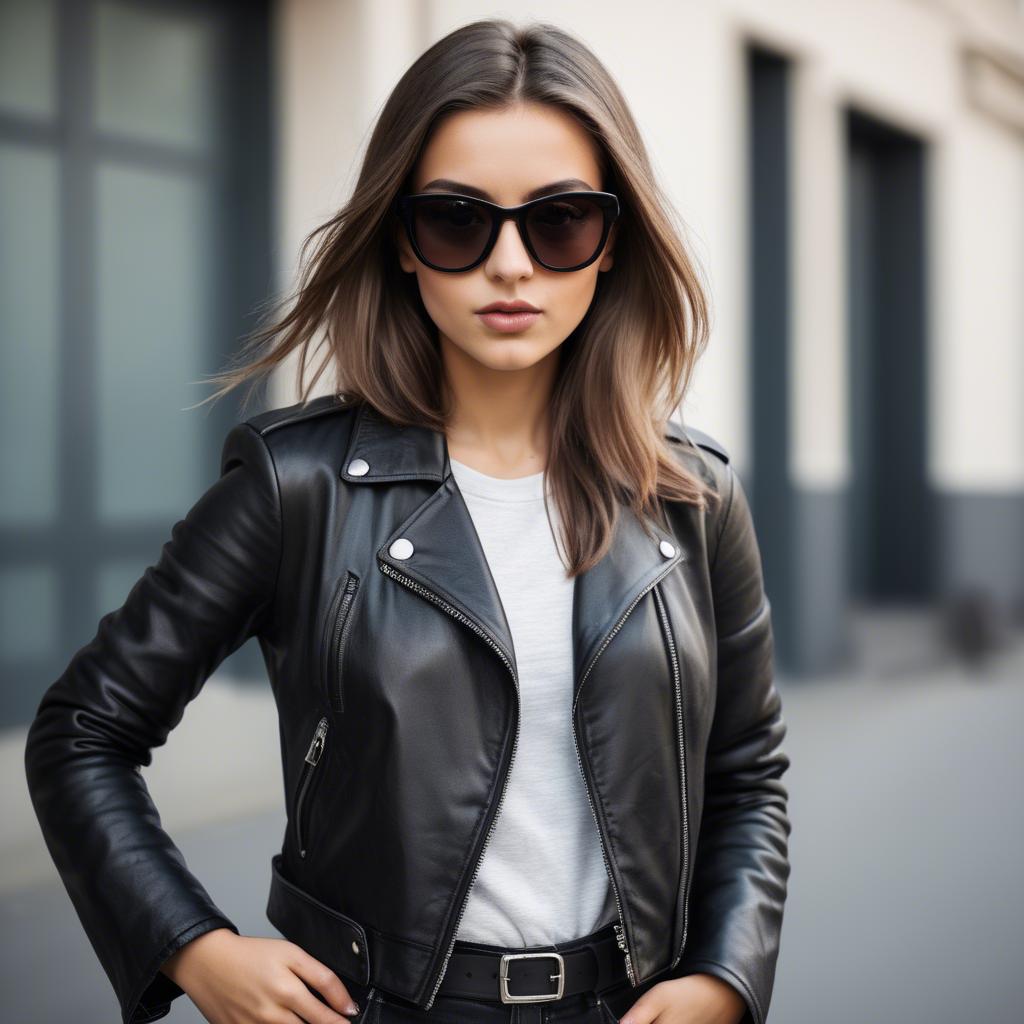 A stunning image of stylish girl with bold sunglasses and a leather jacket.