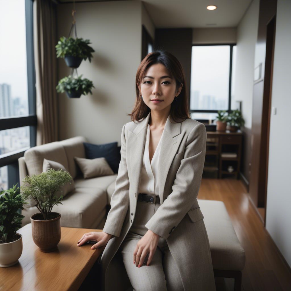A stunning image of stylish japanese woman in a high-rise apartment.