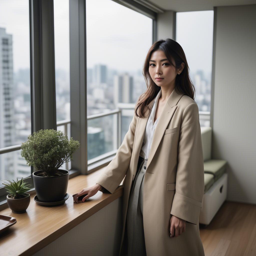 A stunning image of stylish japanese woman in a high-rise apartment.