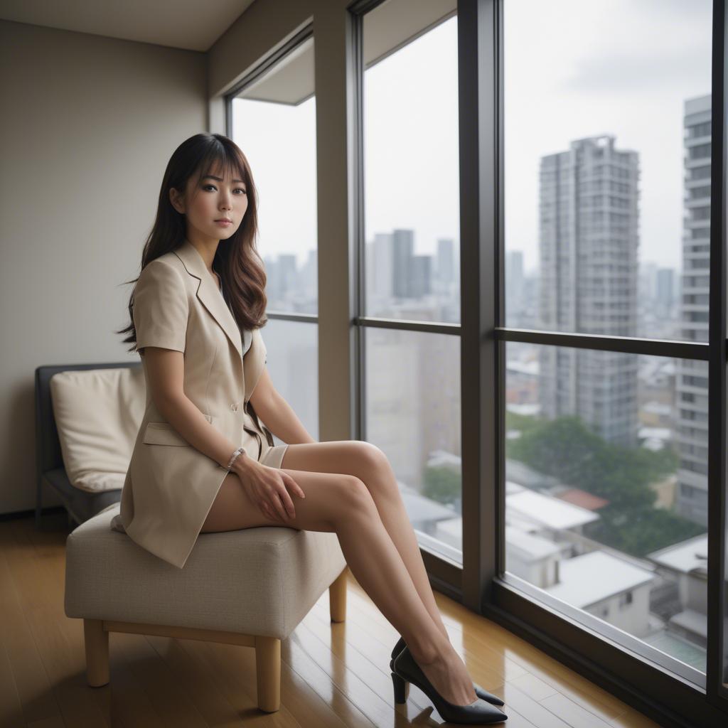 A stunning image of stylish japanese woman in a high-rise apartment.