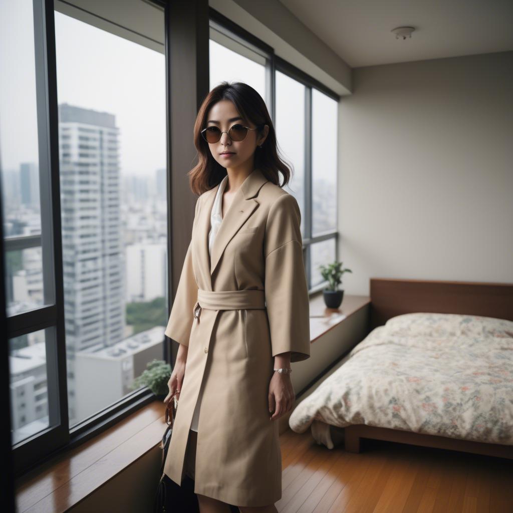 A stunning image of stylish japanese woman in a high-rise apartment.