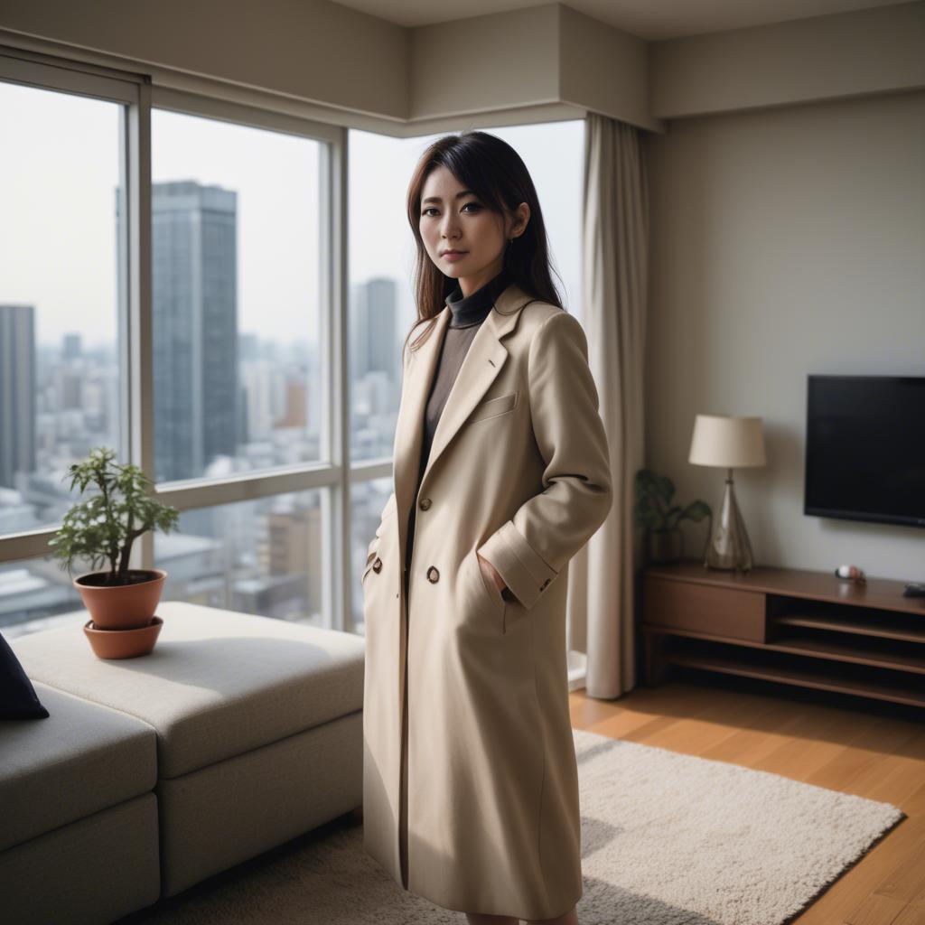 A stunning image of stylish japanese woman in a high-rise apartment.