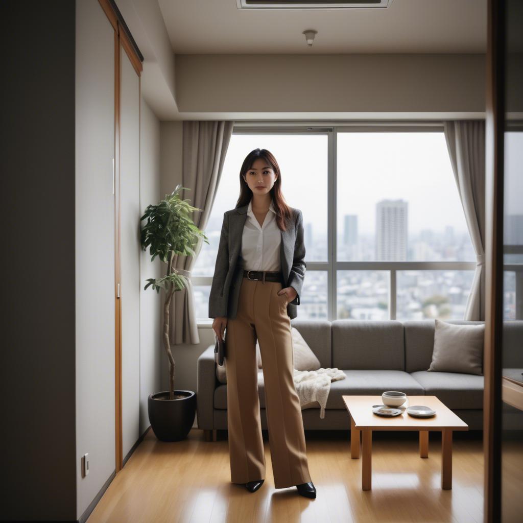 A stunning image of stylish japanese woman in a high-rise apartment.