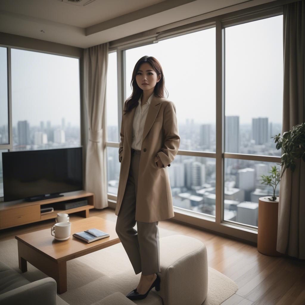 A stunning image of stylish japanese woman in a high-rise apartment.