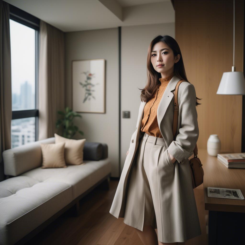 A stunning image of stylish japanese woman in a high-rise apartment.