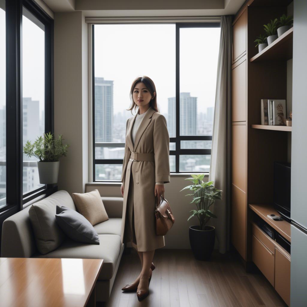 A stunning image of stylish japanese woman in a high-rise apartment.