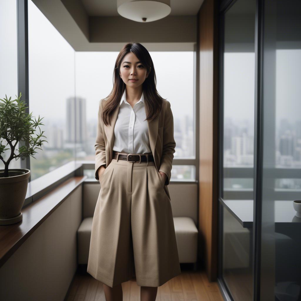 A stunning image of stylish japanese woman in a high-rise apartment.