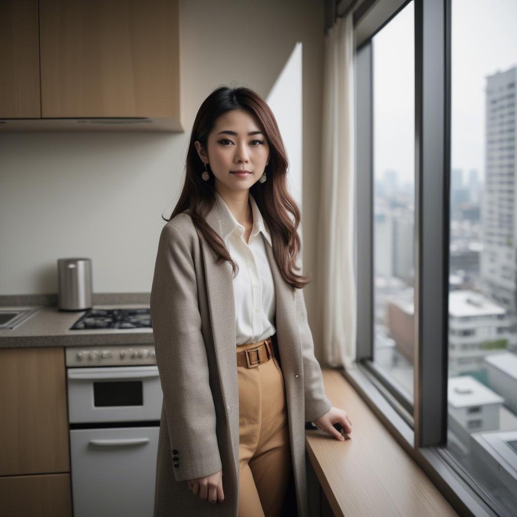 A stunning image of stylish japanese woman in a high-rise apartment.