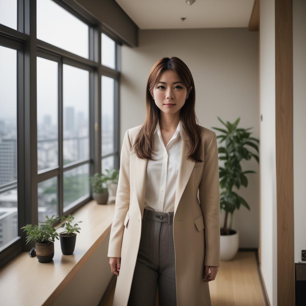 A stunning image of stylish japanese woman in a high-rise apartment.