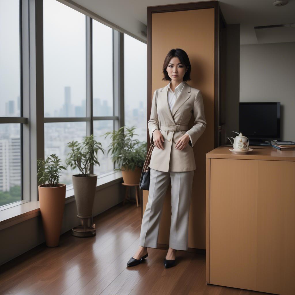 A stunning image of stylish japanese woman in a high-rise apartment.