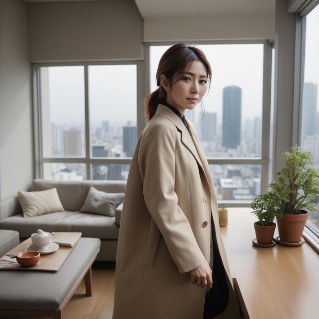 A stunning image of stylish japanese woman in a high-rise apartment.