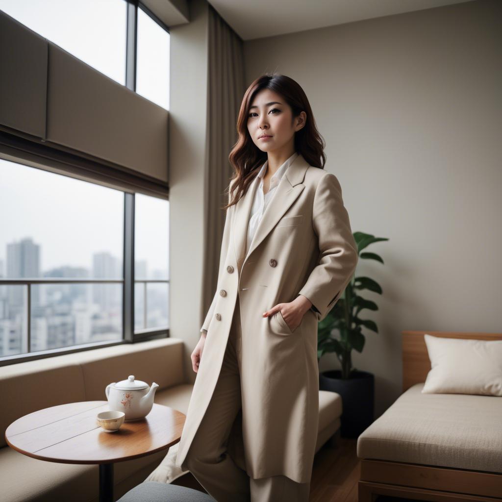 A stunning image of stylish japanese woman in a high-rise apartment.
