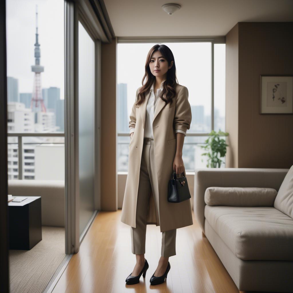 A stunning image of stylish japanese woman in a high-rise apartment.