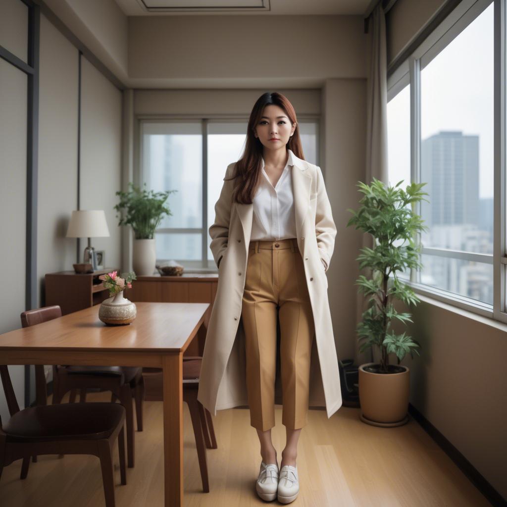 A stunning image of stylish japanese woman in a high-rise apartment.