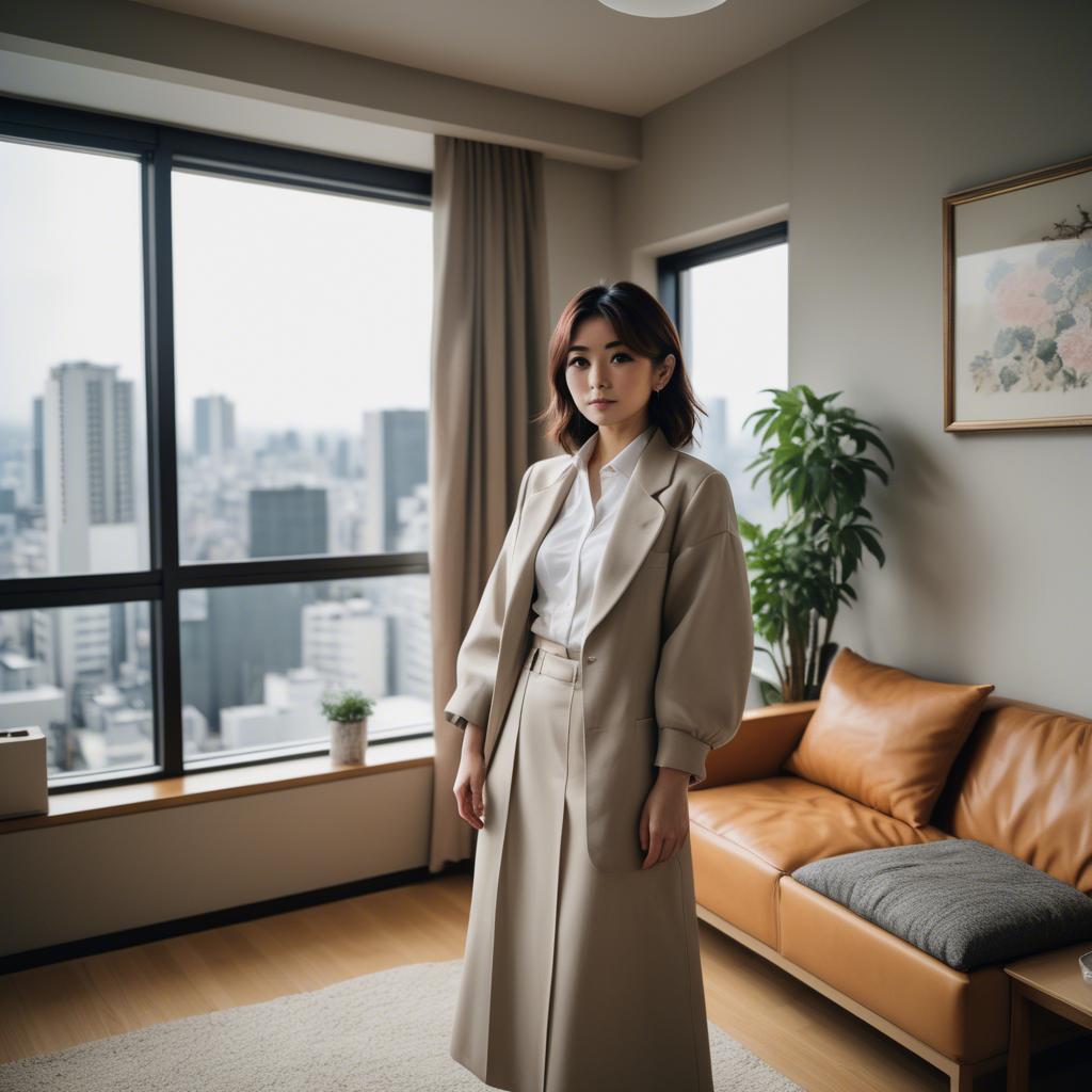 A stunning image of stylish japanese woman in a high-rise apartment.