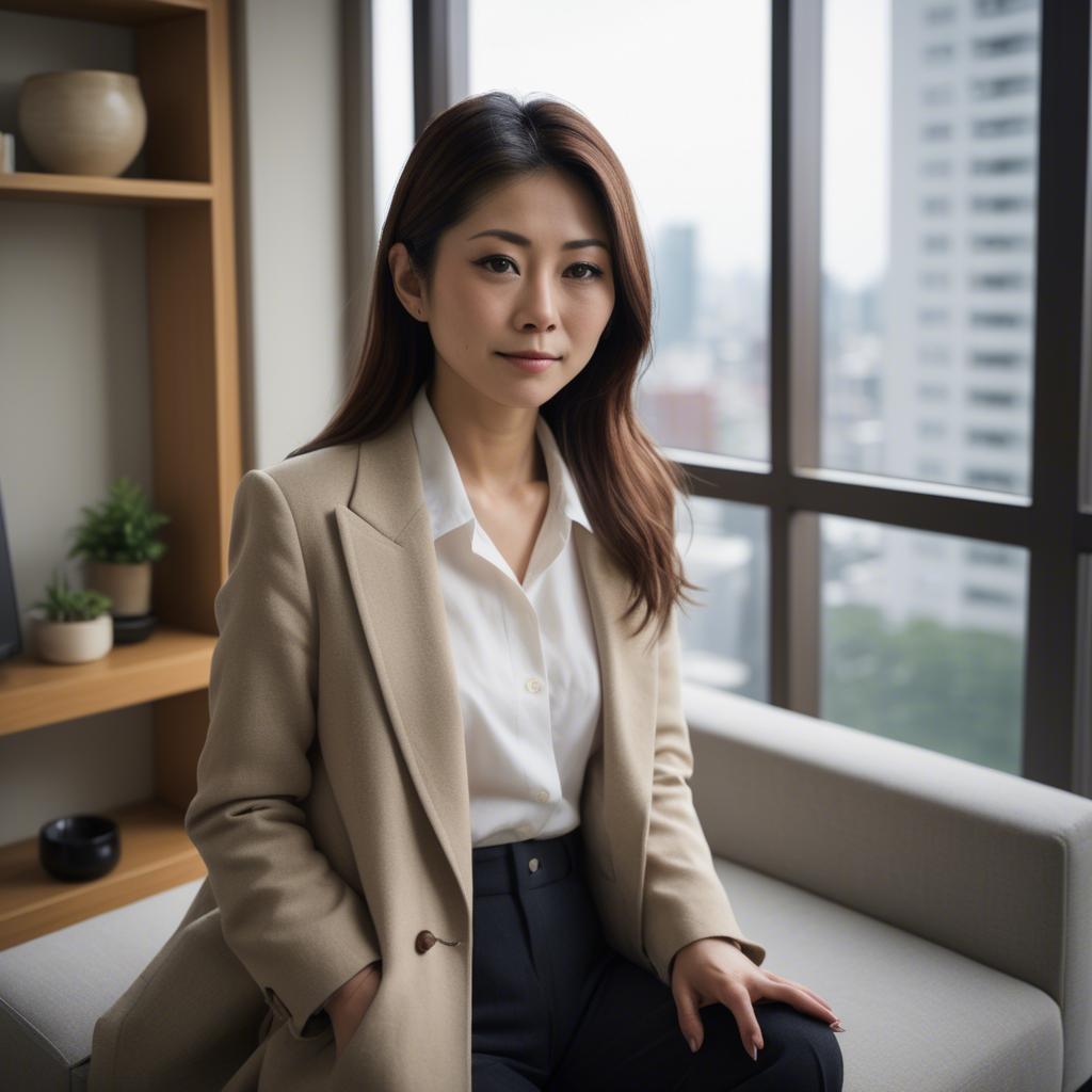 A stunning image of stylish japanese woman in a high-rise apartment.