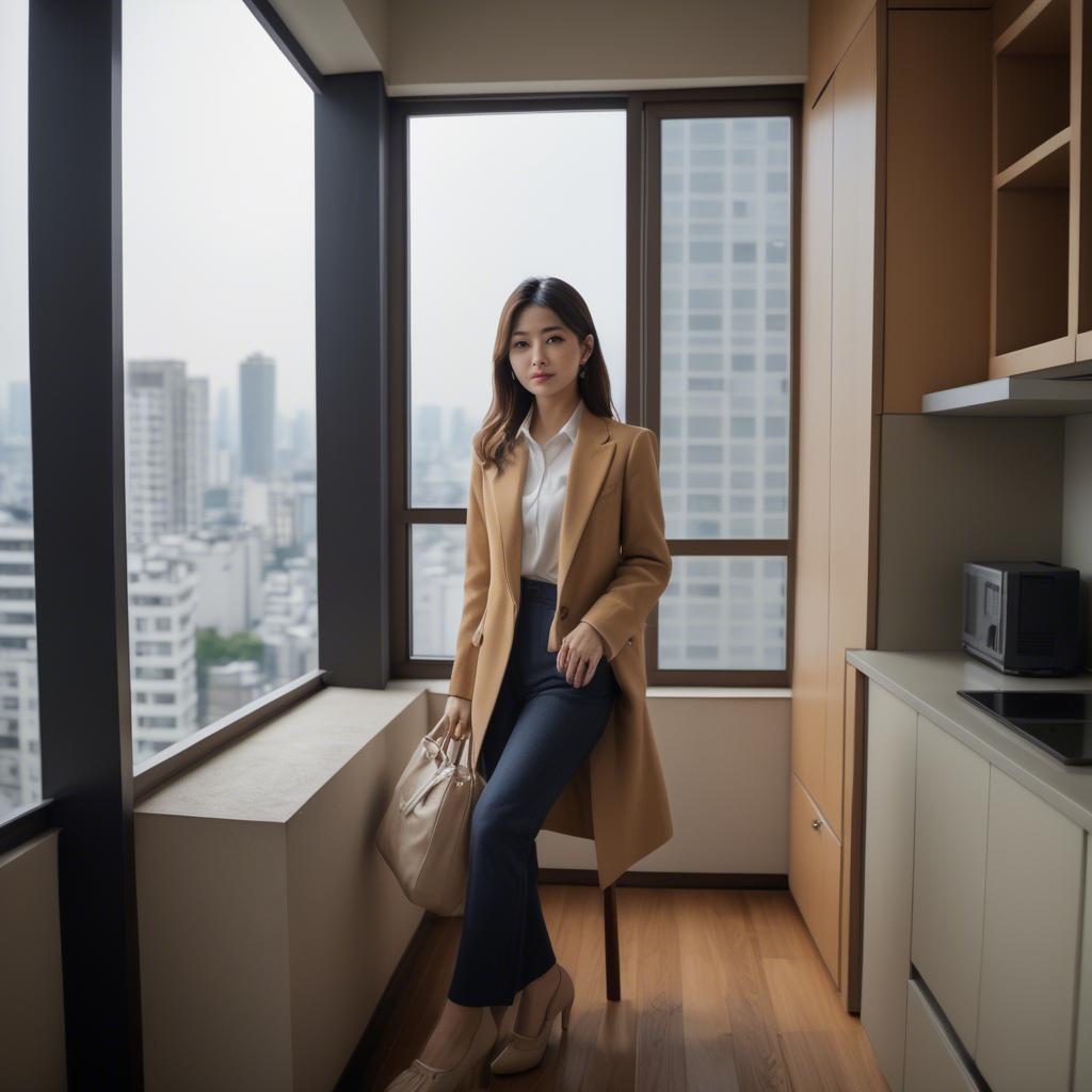 A stunning image of stylish japanese woman in a high-rise apartment.
