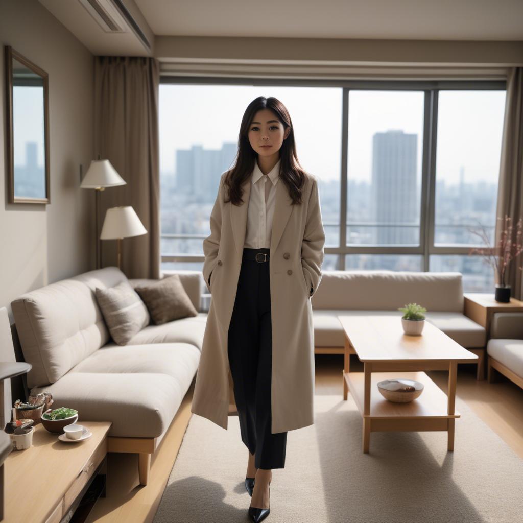 A stunning image of stylish japanese woman in a high-rise apartment.