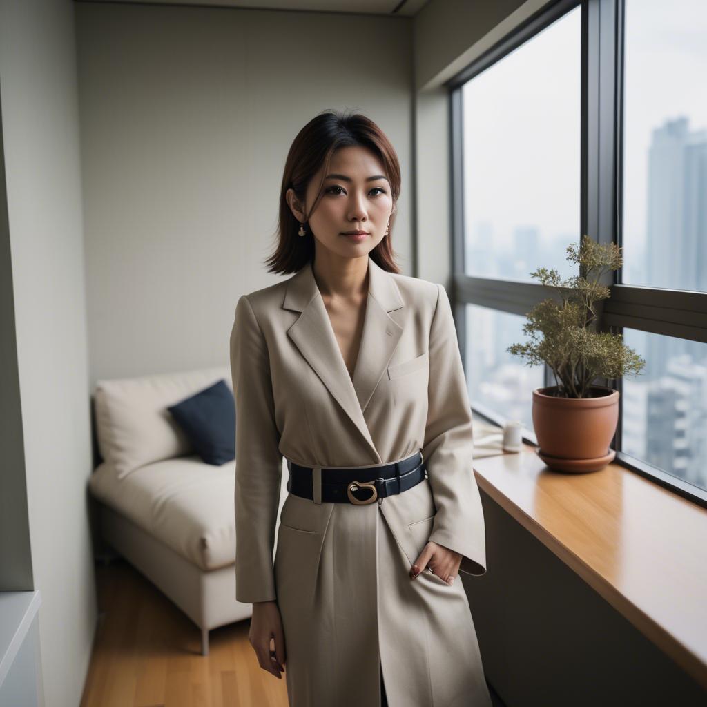 A stunning image of stylish japanese woman in a high-rise apartment.