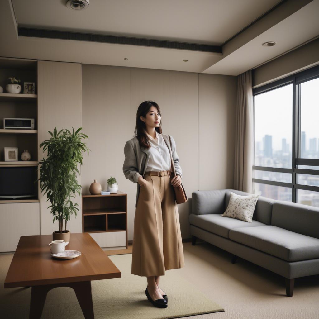 A stunning image of stylish japanese woman in a high-rise apartment.