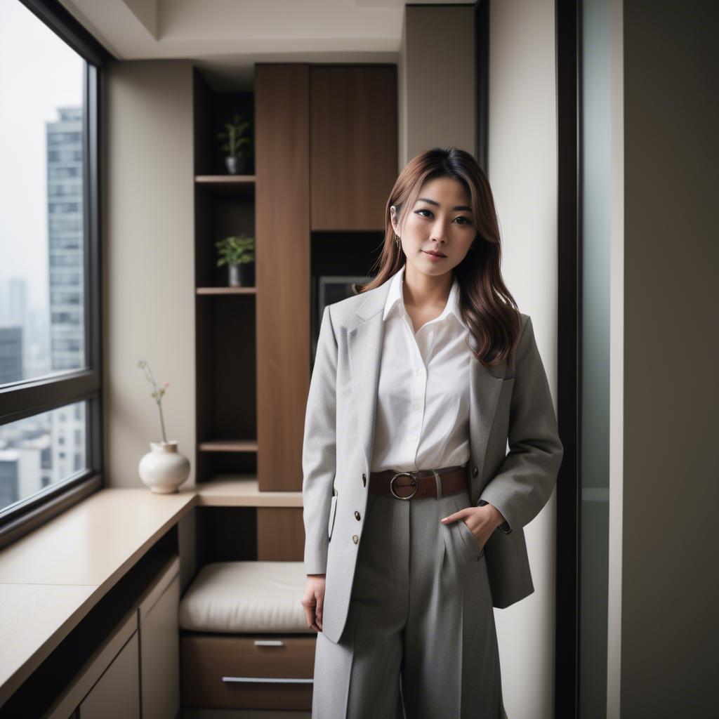 A stunning image of stylish japanese woman in a high-rise apartment.