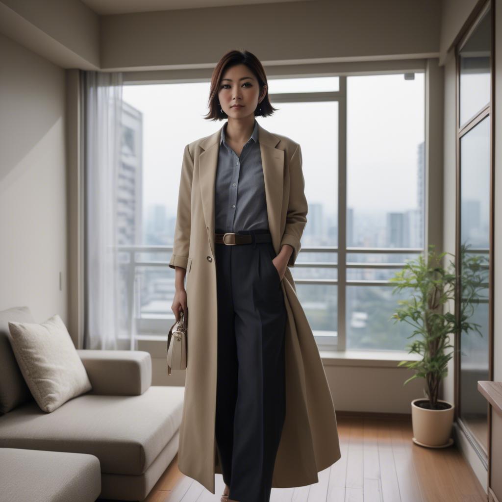 A stunning image of stylish japanese woman in a high-rise apartment.