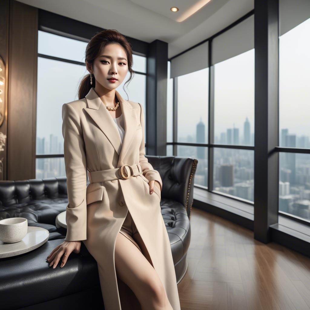 A stunning image of stylish korean woman in a luxury penthouse.