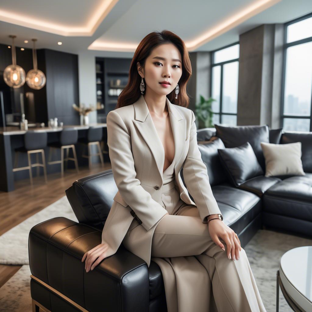 A stunning image of stylish korean woman in a luxury penthouse.