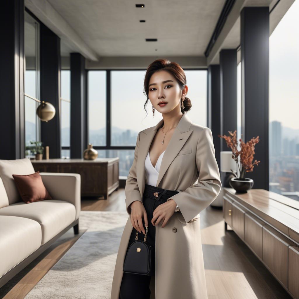 A stunning image of stylish korean woman in a luxury penthouse.